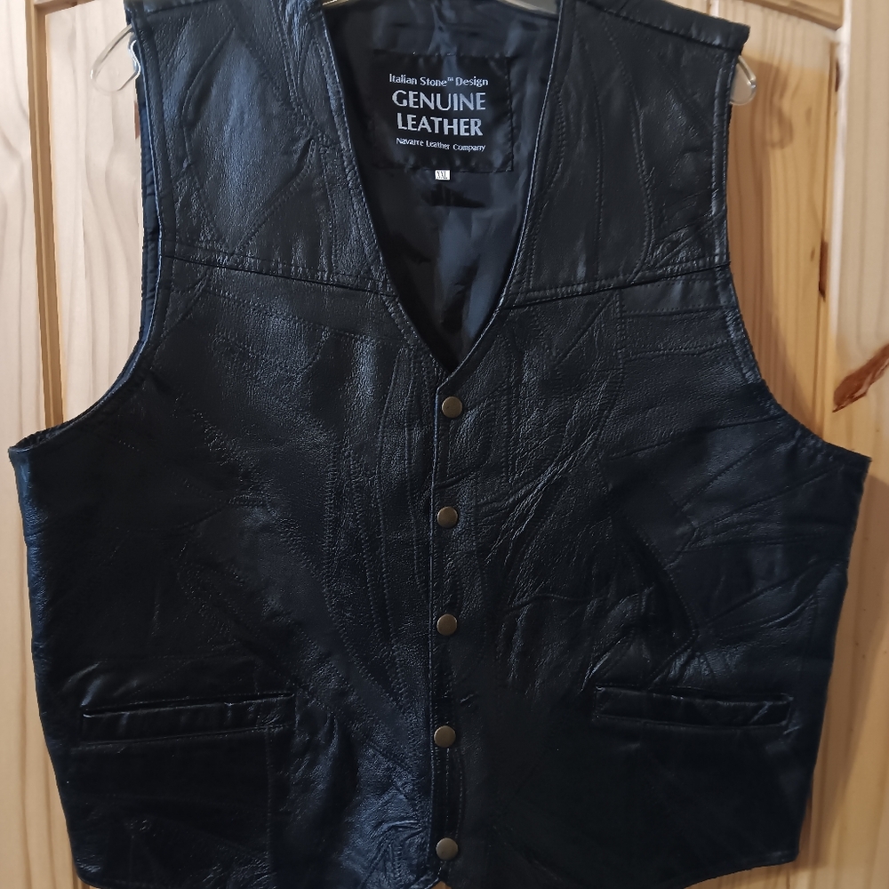 Biker's Black Leather Italian Stone Vest  Men XXL